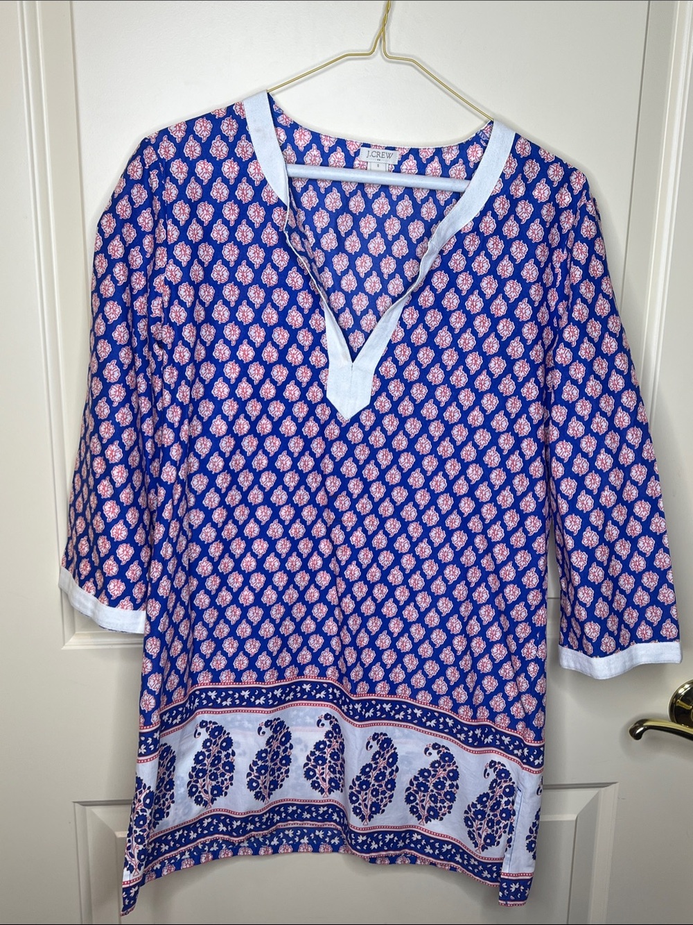 J. Crew Blue Tunic with Pink Motif and White Trim